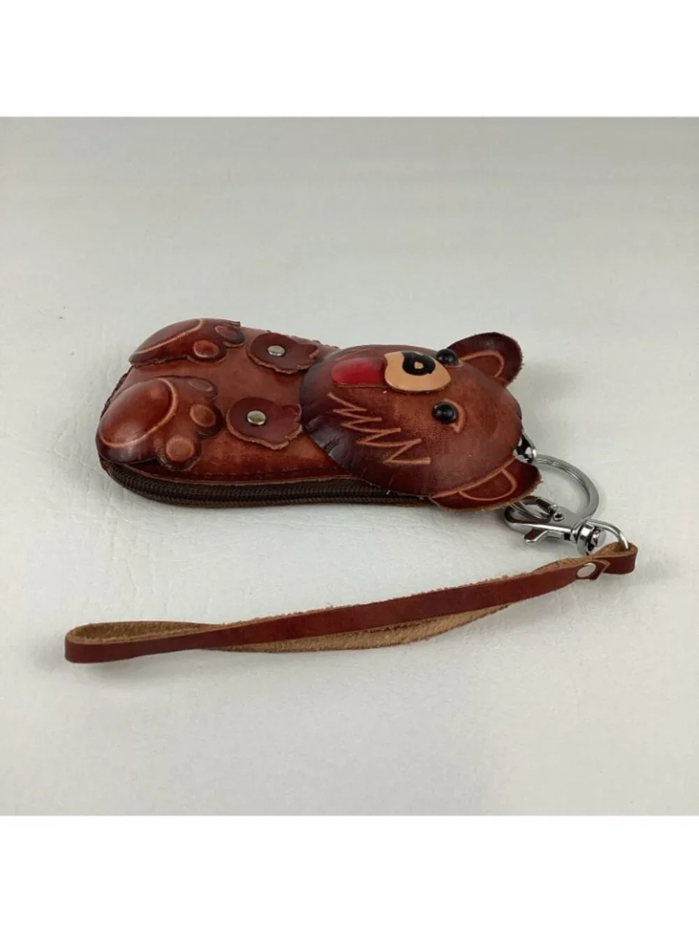 Hand Tooled Leather 3D Bear Coin Purse Wristlet Wallet Keychain Zip Around - Picture 6 of 10